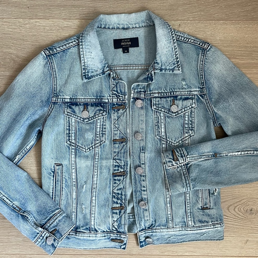 J Crew Indigo distressed denim jacket.